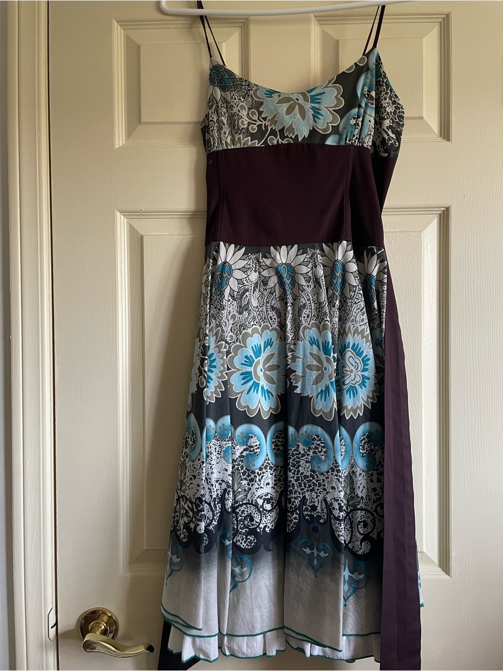 Floral Tiered Spaghetti-Strap Dress in Brown, Teal.